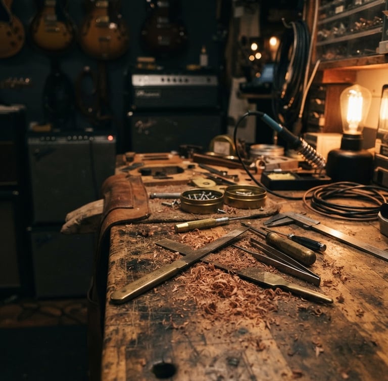 Moody, low-key ambient portrait shot of a cluttered workbench in a Brooklyn music studio, warm amber light hitting worn brass tools and wood shavings, shallow depth of field.