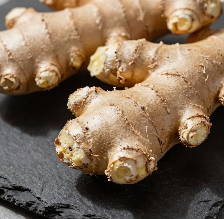 Macro photograph of textured raw ginger rhizomes on a clean, dark slate surface under sharp natural sunlight, showing fine root details and earth.