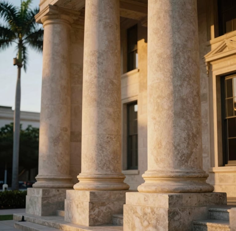Architectural detail of a classic Florida courthouse facade, warm golden-hour light hitting the stone columns, palm trees softly blurred in the background, 35mm.