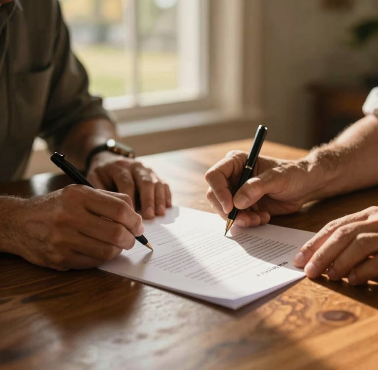 Close-up of hands signing legal adoption papers on a wooden table, warm Florida light filtering through a window, shallow depth of field