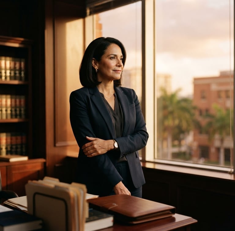 Warm environmental portrait of a Florida defense attorney standing near a window, soft golden-hour light casting long shadows, professional and protective expression, 35mm.