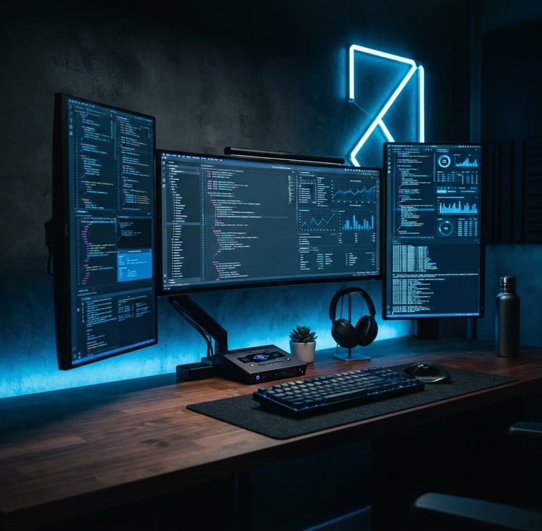 Sleek tech photography, dark moody studio lighting, electric blue neon accents, a clean minimalist desk setup with high-end monitors showing crisp UI layouts, sharp focus, 35mm