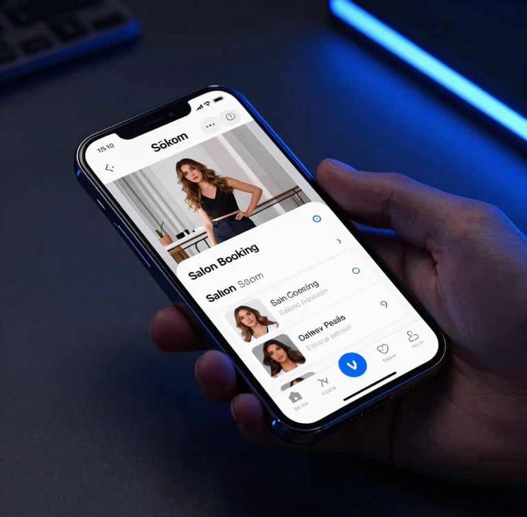 Sleek tech photography, close-up of a mobile device showing a gorgeous salon booking interface, held by a hand on a clean dark desk with electric blue glow, sharp focus, 35mm