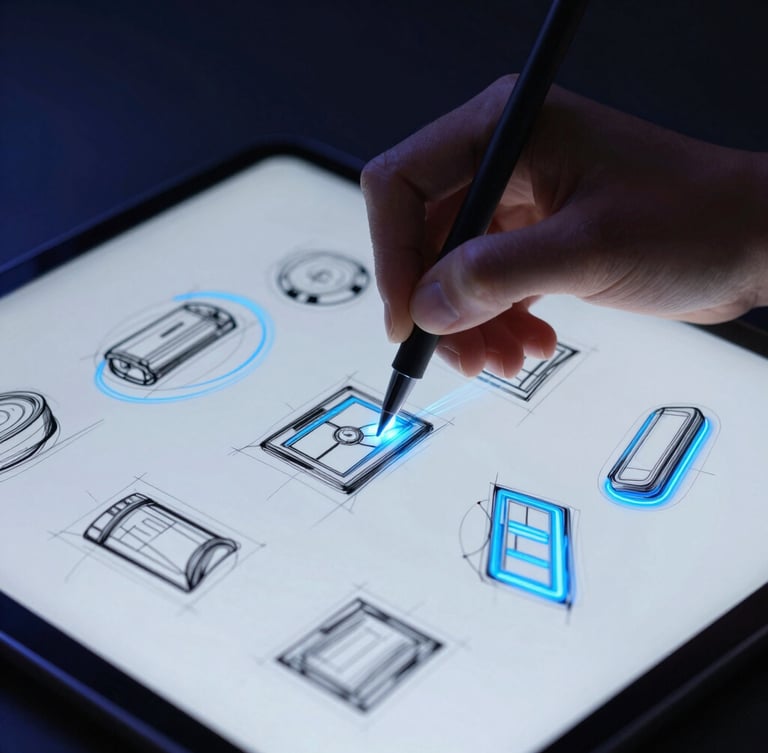 Sleek tech photography, close-up of a designer sketching wireframes on a tablet, electric blue lighting trails, sharp focus, 35mm