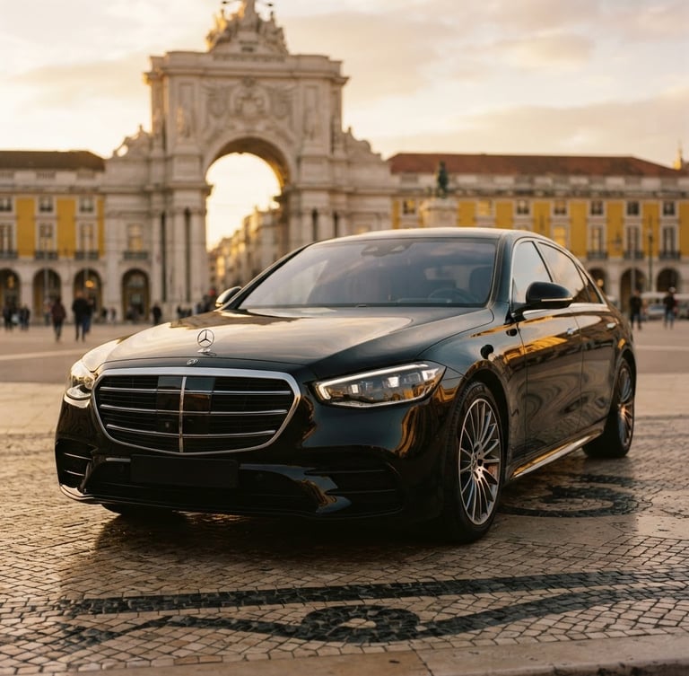 Low-angle heroic portrait of a pristine black executive sedan parked near a historic Lisbon monument at golden hour, warm lighting, shallow depth of field