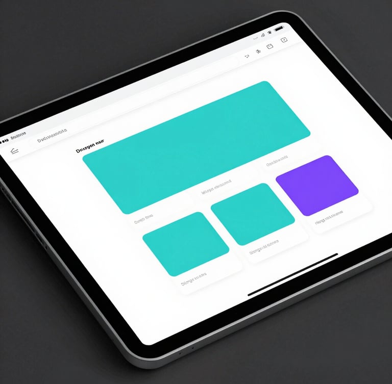 A clean, modern web design wireframe on a tablet, showing structured layout blocks in cyan and purple accents, isometric professional framing.