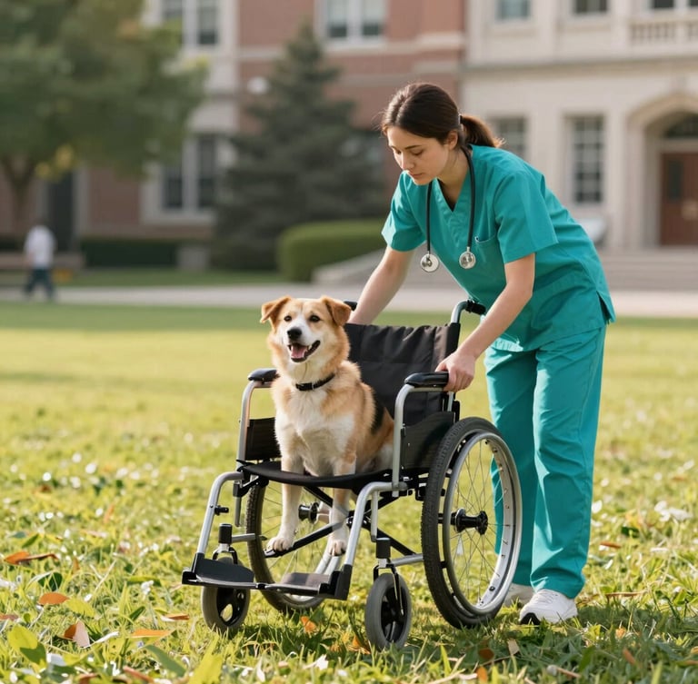 Bright editorial photography of a veterinary student adjusting a custom two-wheeled wheelchair for a happy disabled dog on a university campus lawn, natural daylight, sharp focus