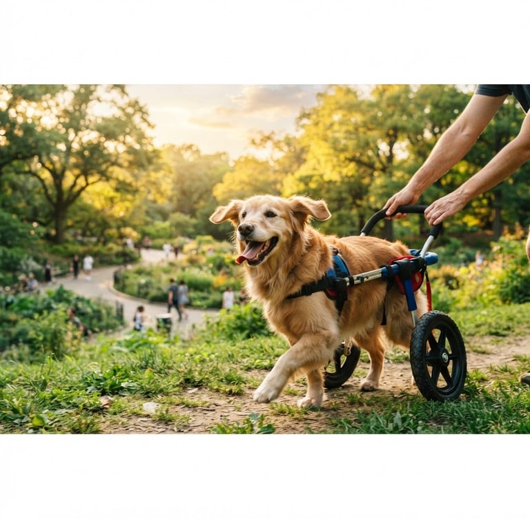 Wide panoramic of a happy dog in a two-wheeled veterinary wheelchair running in a lush park, human hands gently guiding from behind, natural golden-hour daylight, vibrant cyan and warm tones, sharp focus, 35mm lens