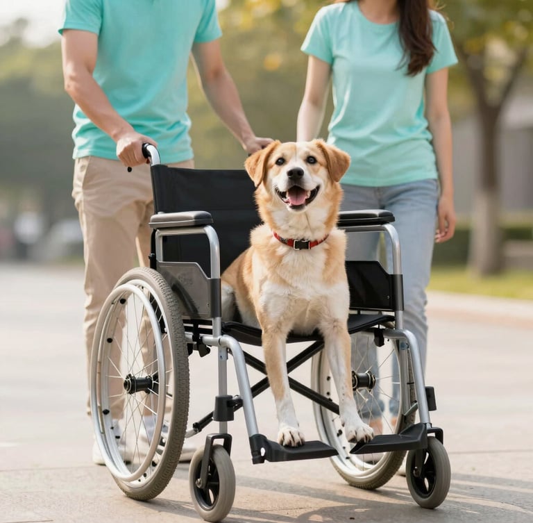 Portrait of a happy disabled dog in a two-wheeled veterinary wheelchair, looking up at its smiling human family, soft natural daylight, conveying hope and connection, no text, eye-level medium shot.