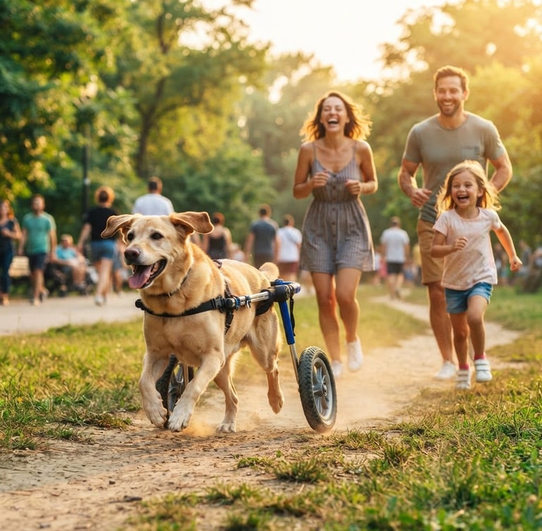Perro activo con silla de ruedas veterinaria de dos ruedas traseras, corriendo en un parque soleado junto a su familia, enfoque en la vitalidad y libertad. Estilo fotográfico editorial brillante, luz natural de atardecer.