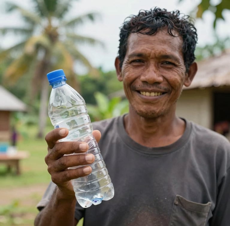 A local Papuan cooperative member smiling, holding a clean sorted plastic bottle, bright natural tropical daylight, close-up shot.