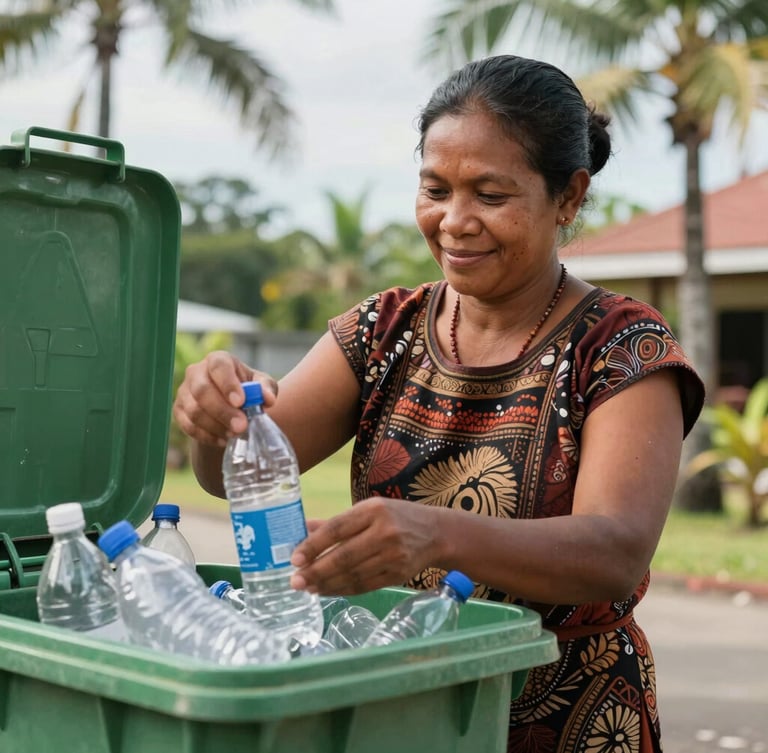 Eye-level shot of a proud Papuan woman smiling while sorting clean plastic bottles into a green recycling bin under bright tropical daylight