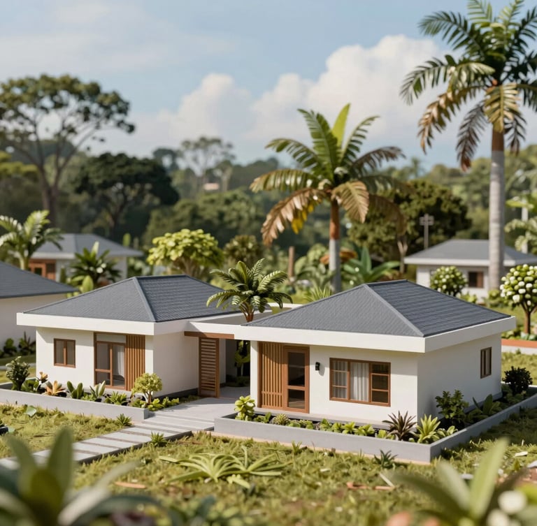 A clean architectural model of modest modern houses surrounded by tropical greenery in Mimika, bright daylight, realistic rendering