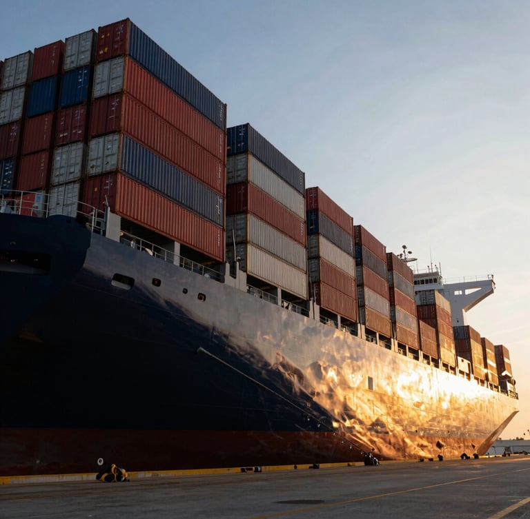 Low-angle powerful shot of a massive deep-water cargo ship at dock side during golden hour, containers stacked high, sharp lighting, cinematic logistics photography
