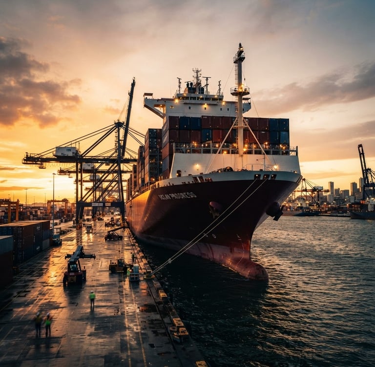 Cinematic logistics photography of a massive deep-water cargo ship at golden hour port lights, low-angle powerful shot, deep crimson accents, 35mm wide-angle lens