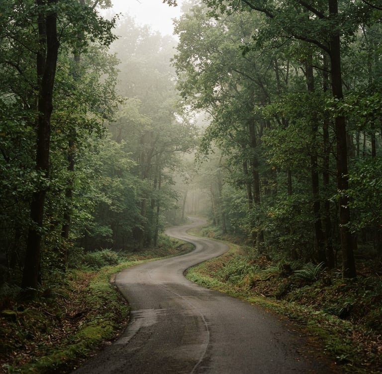 Scenic empty road winding through the lush green Compiègne forest, soft morning mist, atmospheric editorial photography, 35mm