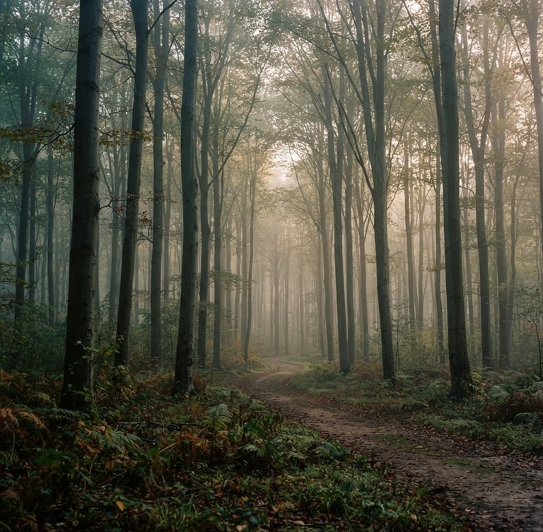 Atmospheric wide-angle editorial photo of the misty Compiègne forest at dawn, tall beech trees, soft morning light filtering through branches, no vehicles, 35mm