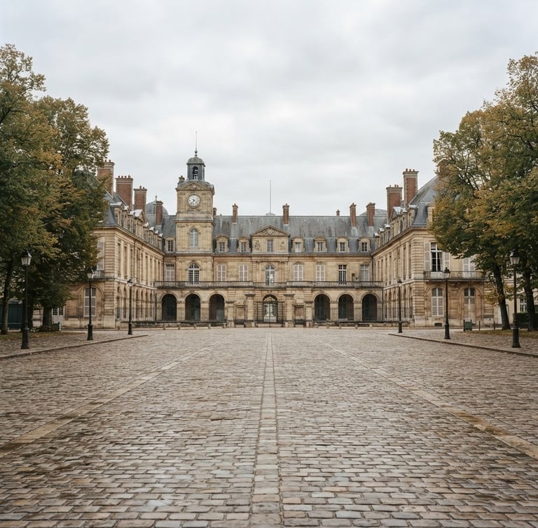 Atmospheric wide-angle photograph of the historic Château de Compiègne under soft overcast morning light, empty cobblestone plaza in the foreground, no vehicles, editorial style.