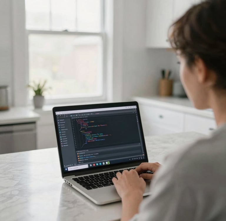 Over-the-shoulder view of an adult learner in a bright Indianapolis kitchen, focused on a laptop screen displaying a code editor, soft morning window daylight, 35mm lens.