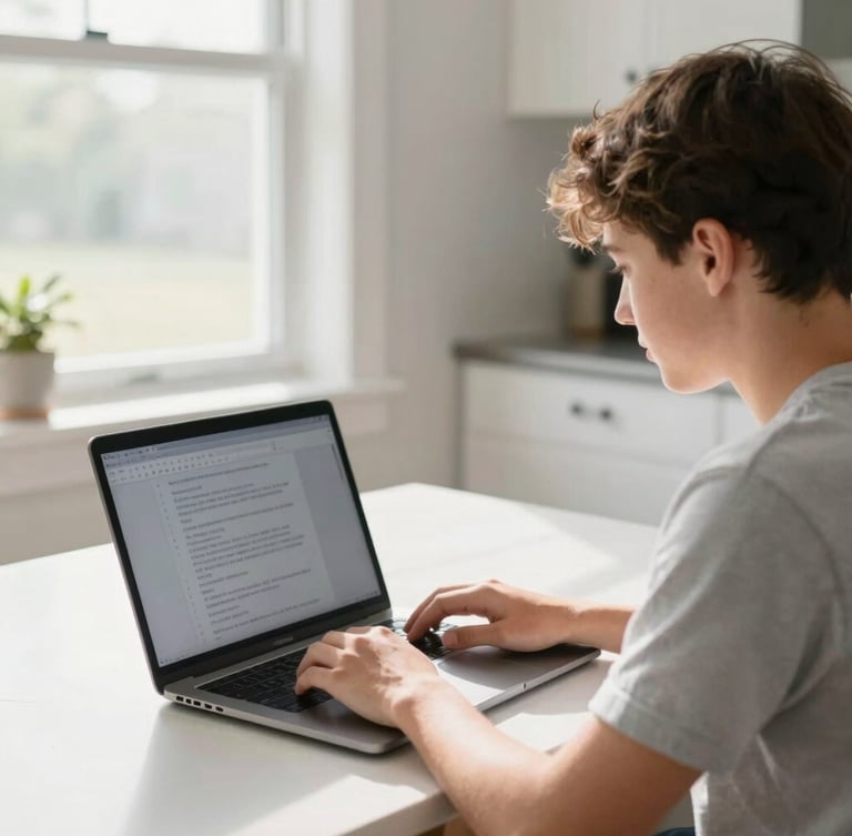 An over-the-shoulder view of a high school student using a laptop at a sunlit kitchen table in Indiana, bright natural window daylight, crisp details, 35mm lens.