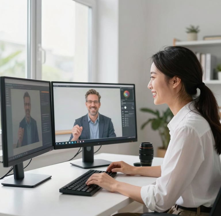 A teacher conducting a digital lesson on dual monitors, smiling warmly, bright natural light, professional home office setup, crisp 35mm lens.