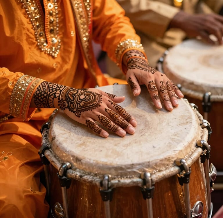 Close-up of hands decorated with intricate henna playing the dhol drum, vibrant orange and gold fabrics, warm festive ambient lighting, shallow depth of field.