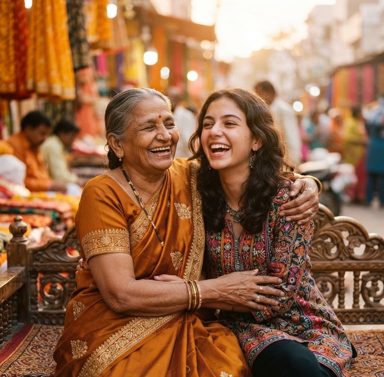 A warm editorial portrait of a Gujarati grandmother and her European-born teenage granddaughter laughing together, golden-hour light illuminating rich saffron and marigold textiles, shallow depth of field, 35mm.