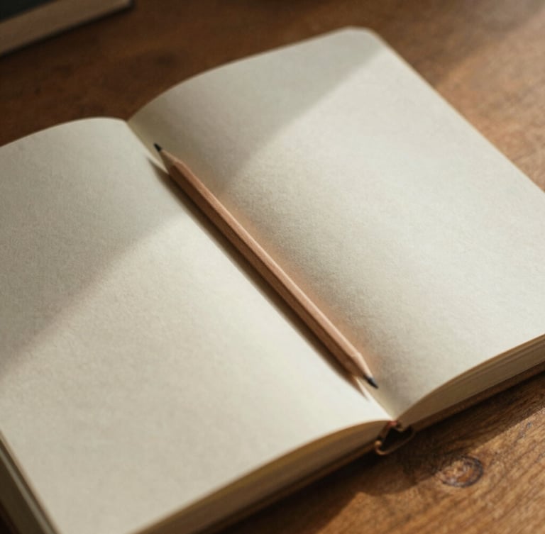 A close-up of an open linen journal on a warm oak desk, soft morning shadows stretching across textured paper, a wooden pencil resting in the crease, warm editorial photography