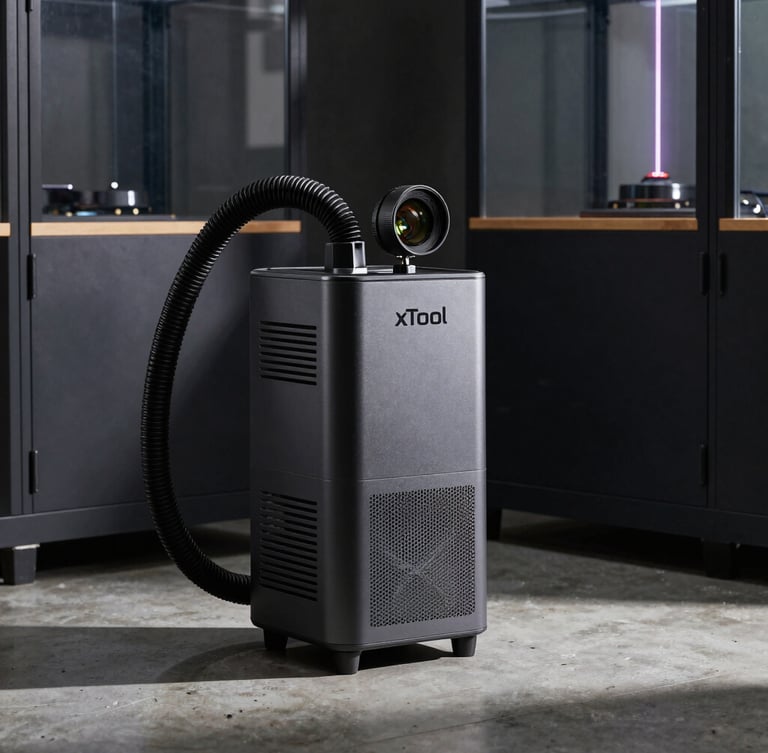 An xTool smoke purifier unit with its flexible hose connected to a sealed laser enclosure, clean modern workshop environment, dramatic side lighting, 50mm lens