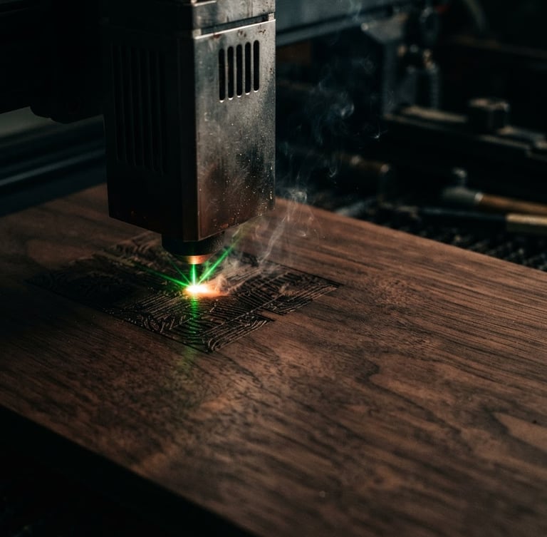 Industrial extreme close-up of an xTool laser head emitting a sharp green light beam onto dark walnut wood, high-contrast workshop lighting, dramatic shadows, 50mm lens