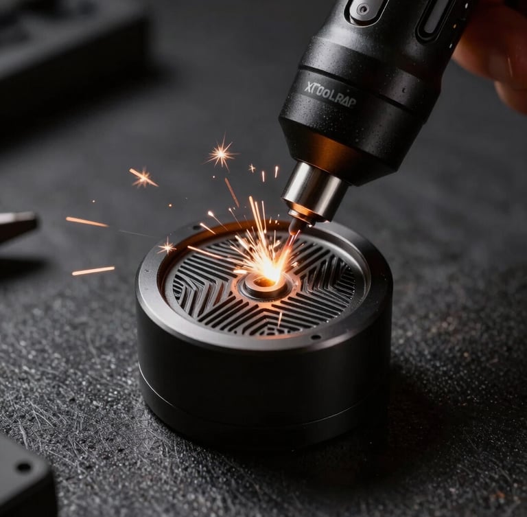 Close-up of an xTool RA2 Pro rotary tool spinning a matte black metal tumbler, bright laser beam engraving a detailed geometric pattern, dramatic sparks, dark workshop atmosphere, 50mm lens