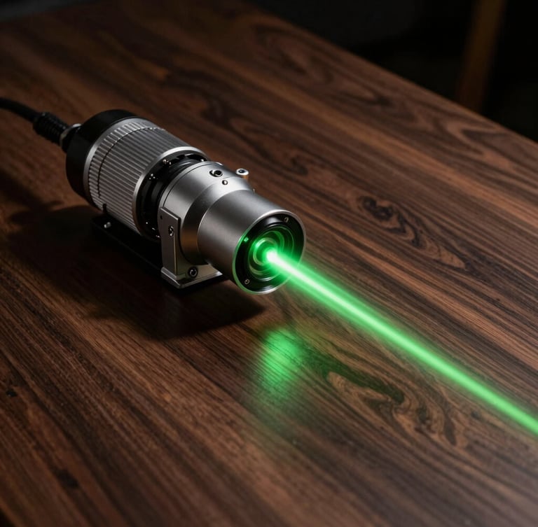 Industrial product photography of a high-power laser head in action, sharp neon green light beam slicing through dark walnut wood, dramatic workshop shadows, rich dark tones, 50mm lens