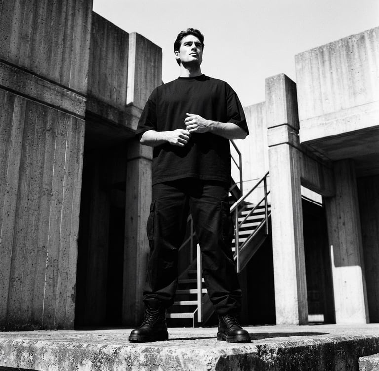 Low-angle heroic shot of a male model wearing an oversized black heavyweight t-shirt, standing in a brutalist concrete environment, harsh direct sunlight creating deep shadows, monochrome black and white, 35mm film