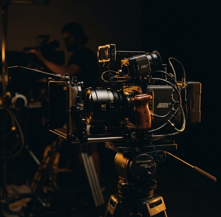 Cinematic close-up of a high-end camera rig on a dark corporate set, dramatic low-key lighting with deep shadows and warm amber backlighting, anamorphic lens, 35mm film look