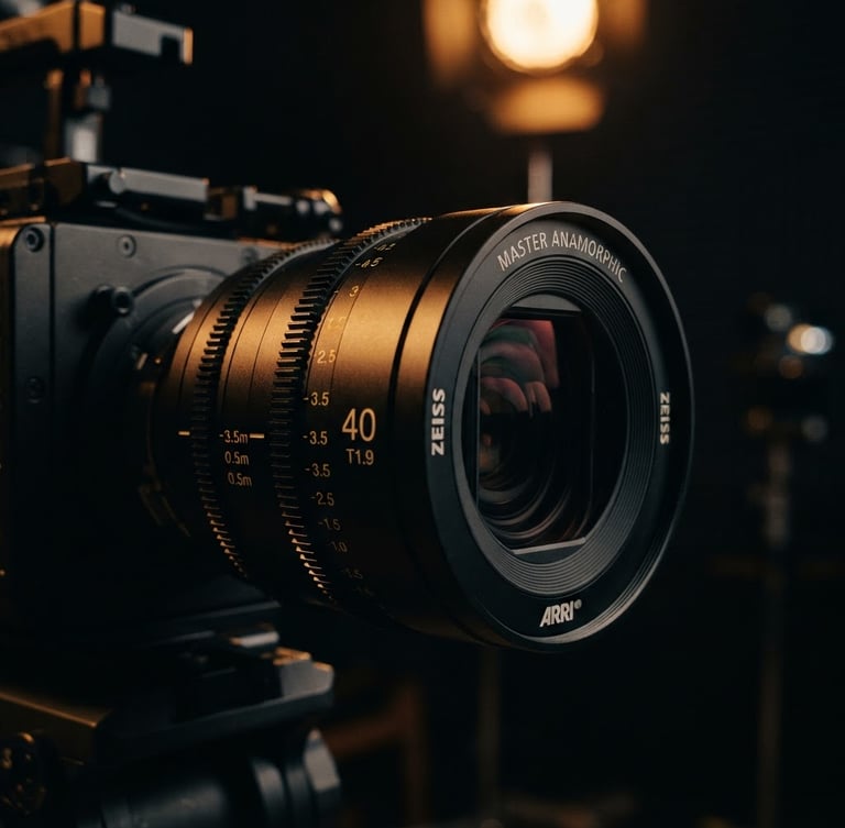 Cinematic corporate photography, extreme close-up of a high-end anamorphic camera lens on a dark corporate set, dramatic warm gold backlighting, deep obsidian shadows, 35mm film look.