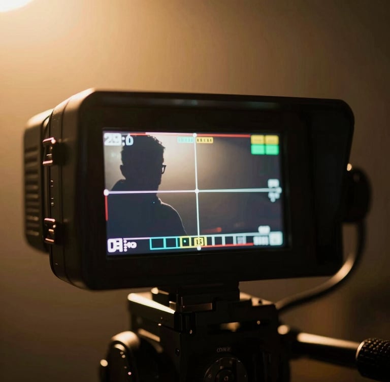 Extreme close-up of a professional camera director monitoring a sharp, high-contrast video feed on a small screen, cinematic backlighting, warm gold tones