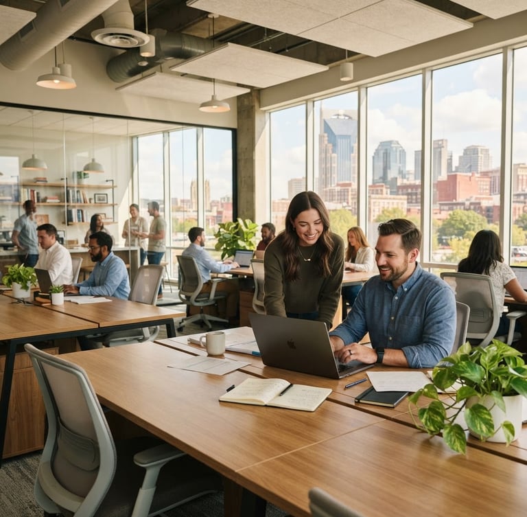Crisp professional photography of a modern Nashville corporate office, warm natural afternoon light, clean wooden desks, realistic candid atmosphere.