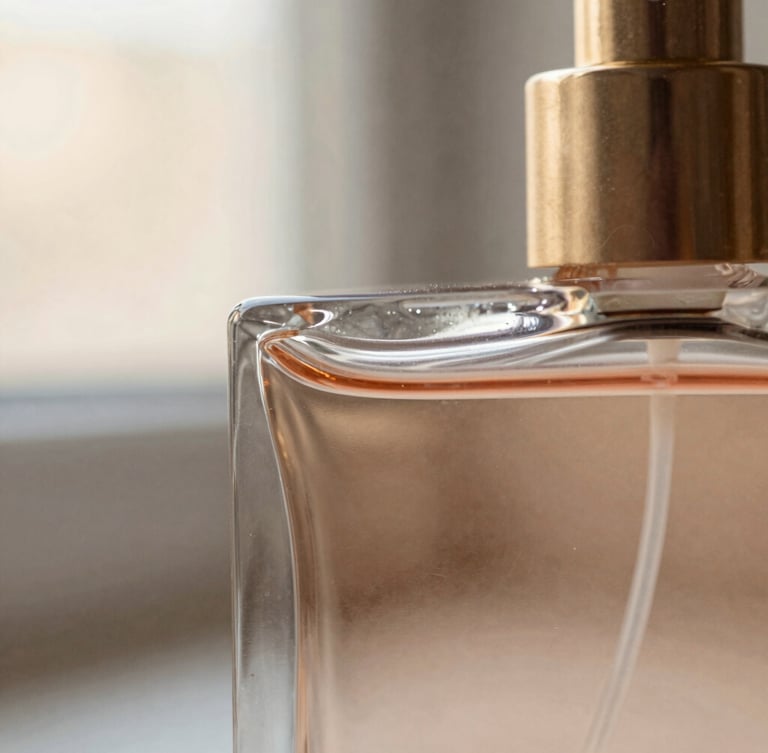 Heavy-weight glass perfume bottle refracting soft golden-hour window light, macro close-up, shallow depth of field, warm editorial photography, 35mm