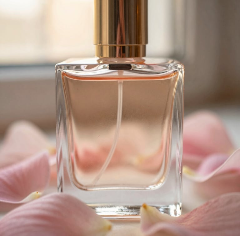 Macro close-up of a heavy-weight glass perfume bottle refracting soft golden-hour window light, surrounded by delicate blush pink petals, shallow depth of field, 35mm