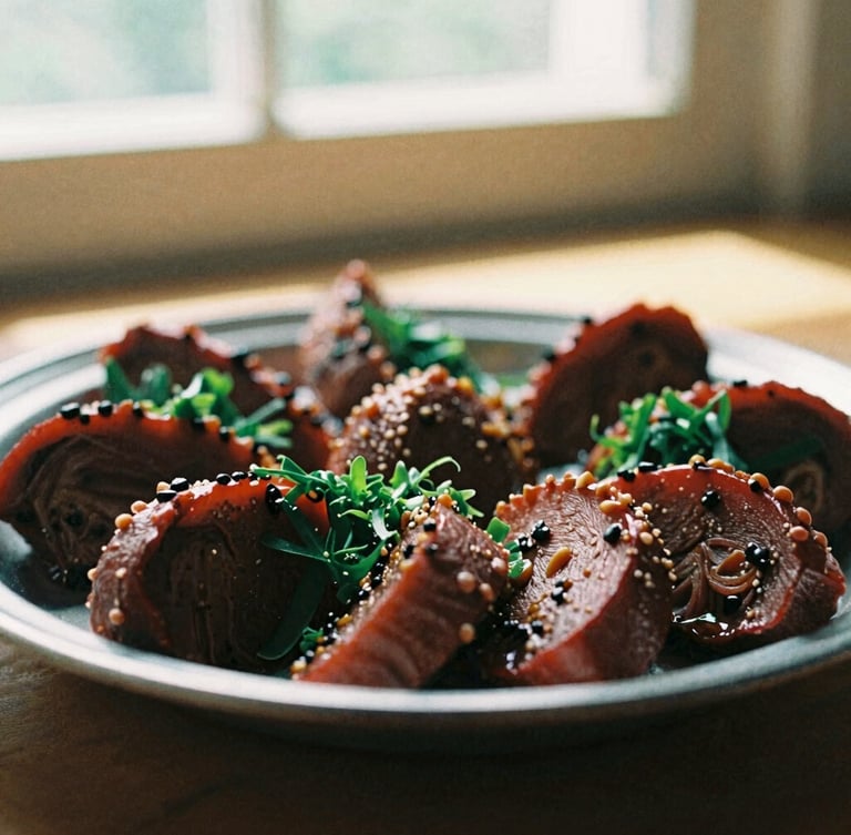 Close-up of a rustic plated seasonal dish with rich textures, warm natural window light casting soft shadows, 35mm film look, rich crimson tones