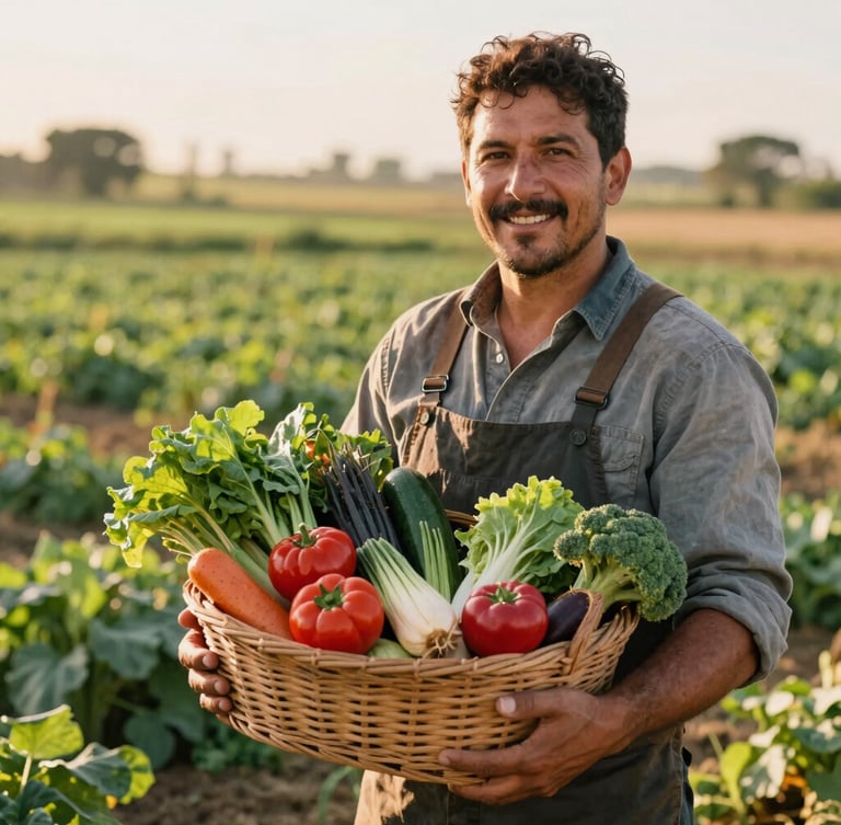 A local Spanish farmer holding a basket of fresh organic vegetables in a sun-drenched field, warm golden hour light, editorial photography