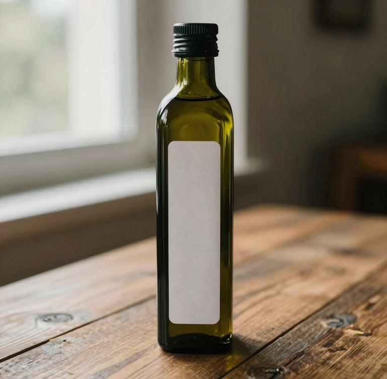 Artisanal olive oil bottle with a minimalist label on a rustic wooden table, soft window light, shallow depth of field, warm tones.