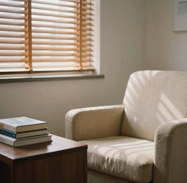 A minimalist, warm clinical consultation room with soft sunlight filtering through wooden blinds, a comfortable beige armchair, a stack of books on a dark wood table, shallow depth of field, 35mm photography