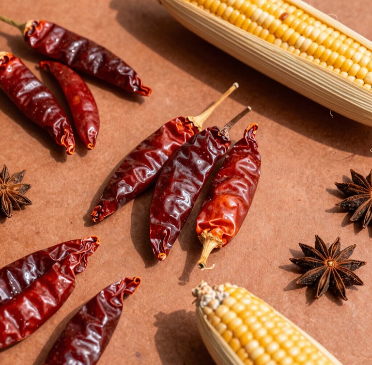 Overhead flat-lay of traditional Latin American ingredients, dry chiles, corn husks, and spices on a terracotta surface, warm natural sunlight