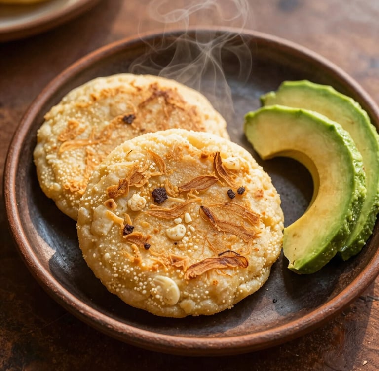 Overhead flat-lay of freshly made golden arepas on a dark clay plate, warm morning sunlight, steam rising, avocado slices on the side, 35mm food photography