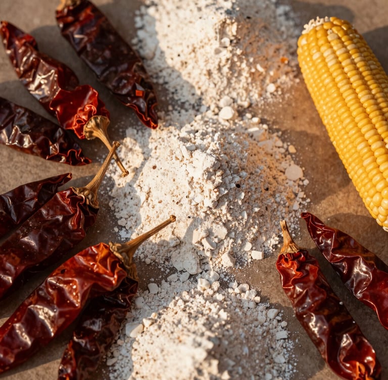 Overhead flat-lay of authentic Latin American ingredients, dry chiles, corn flour, and warm golden hour sunlight, 35mm