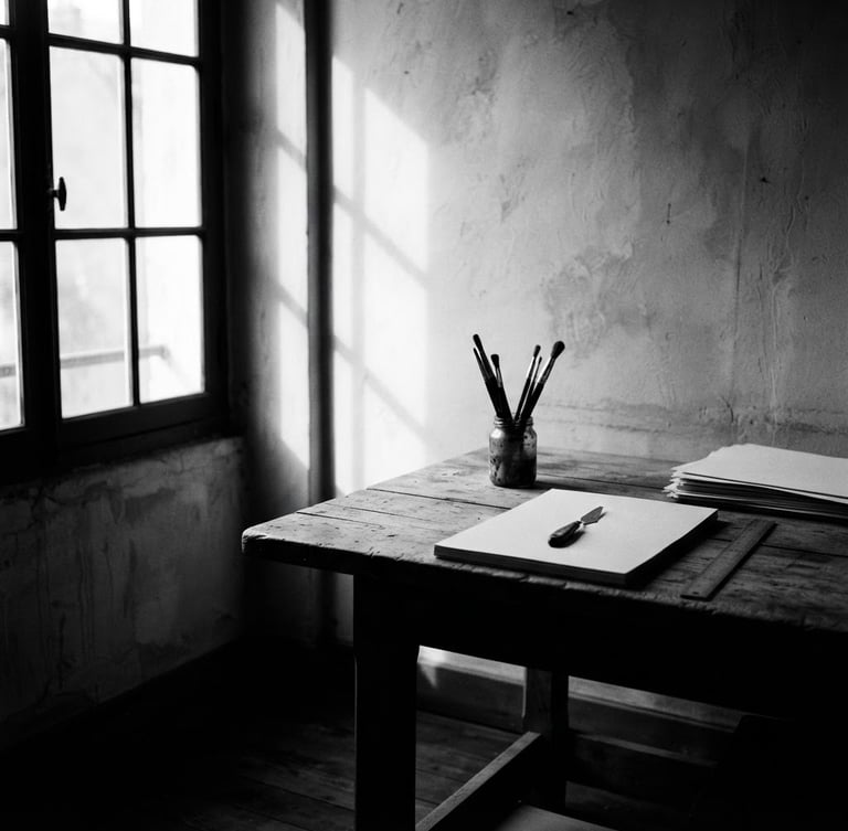 Canto silencioso do Laboratório de Criação banhado por luz lateral suave de janela, sombras profundas e marcantes, plano médio vazio do estúdio, preto e branco de alto contraste, grão de filme 35mm.