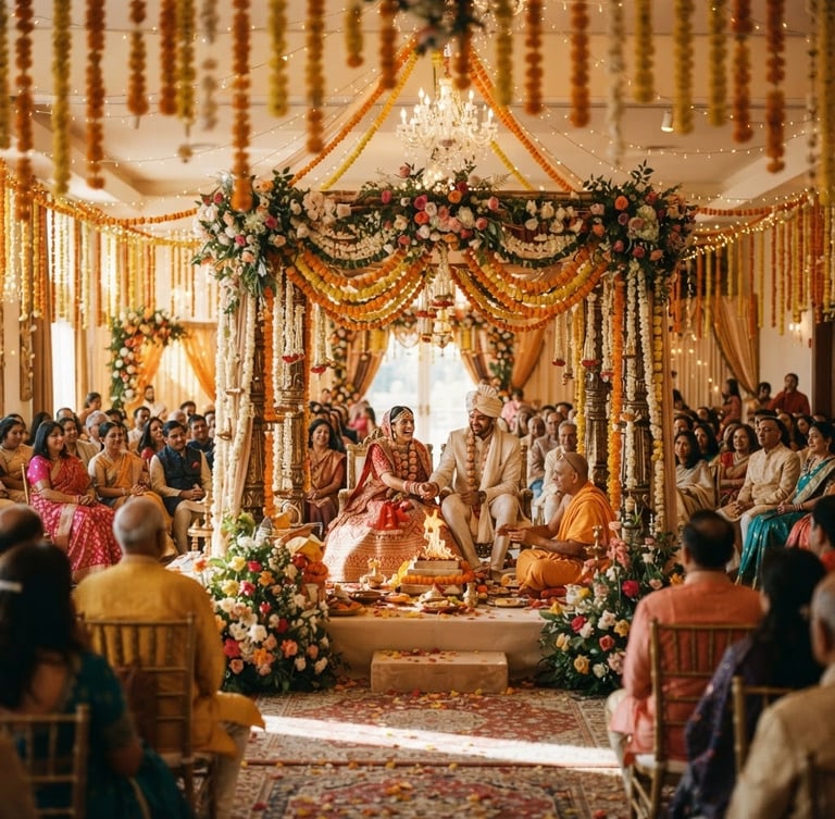 Warm environmental wide shot of a beautifully lit South Asian wedding hall adorned with marigold garlands, golden-hour ambient light, shallow depth of field, 35mm
