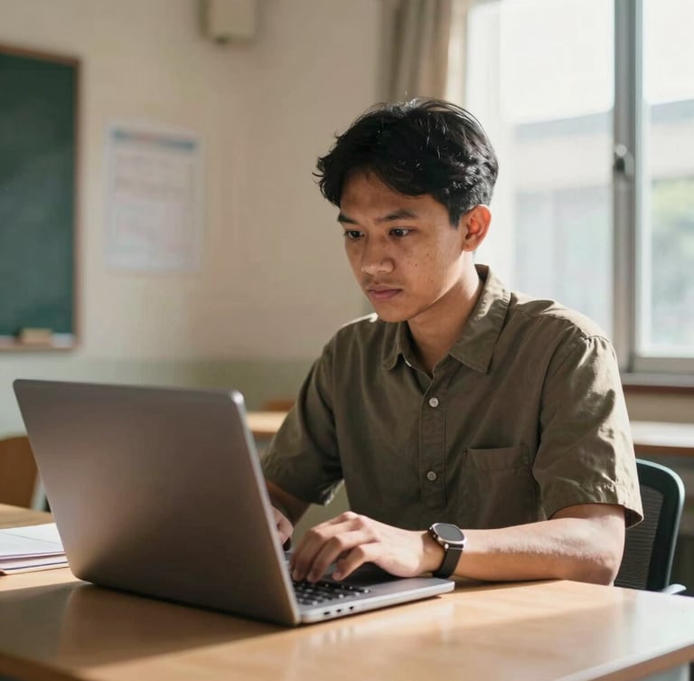 A medium shot of an Indonesian adult student focused on a laptop screen in a warm, naturally lit room. Soft sunlight streams through a window, highlighting a modern and clean educational setting.