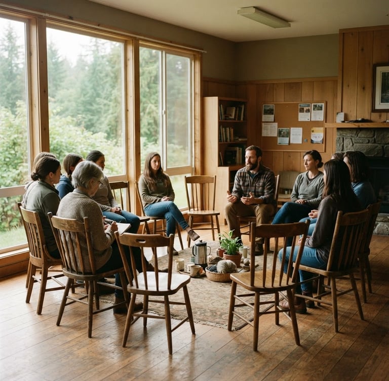 A quiet, sunlit community room in Washington with warm window light filtering through large glass panes, wooden chairs arranged in a loose circle, 35mm warm editorial photography.